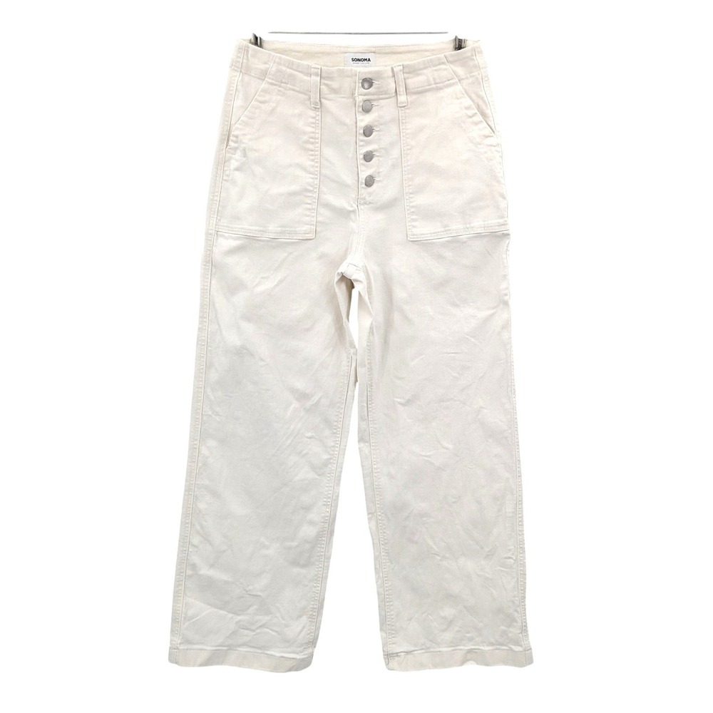 Sonoma Wide Leg Crop Pants Cream Button Front High‎ Rise Stretch Size 14